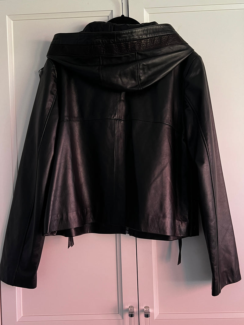 Black Hooded Lambskin Leather Jacket | Freida