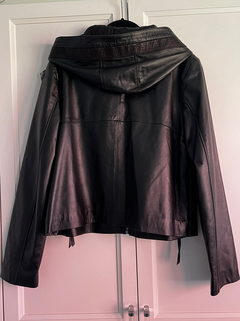 Black Hooded Lambskin Leather Jacket | Freida