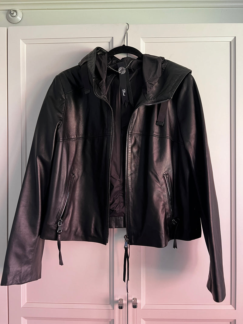 Black Hooded Lambskin Leather Jacket | Freida