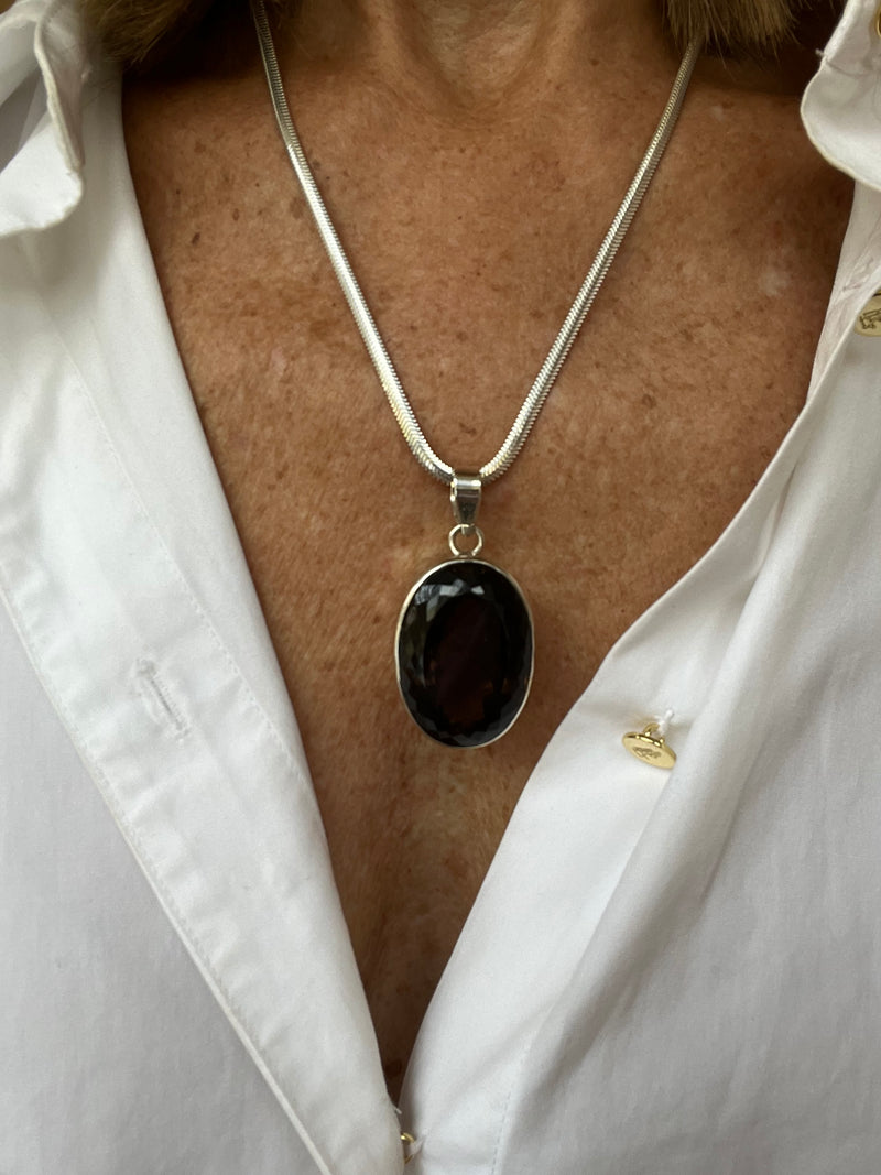 Smoky Oval Topaz Pendant on Silver Chain | Lana